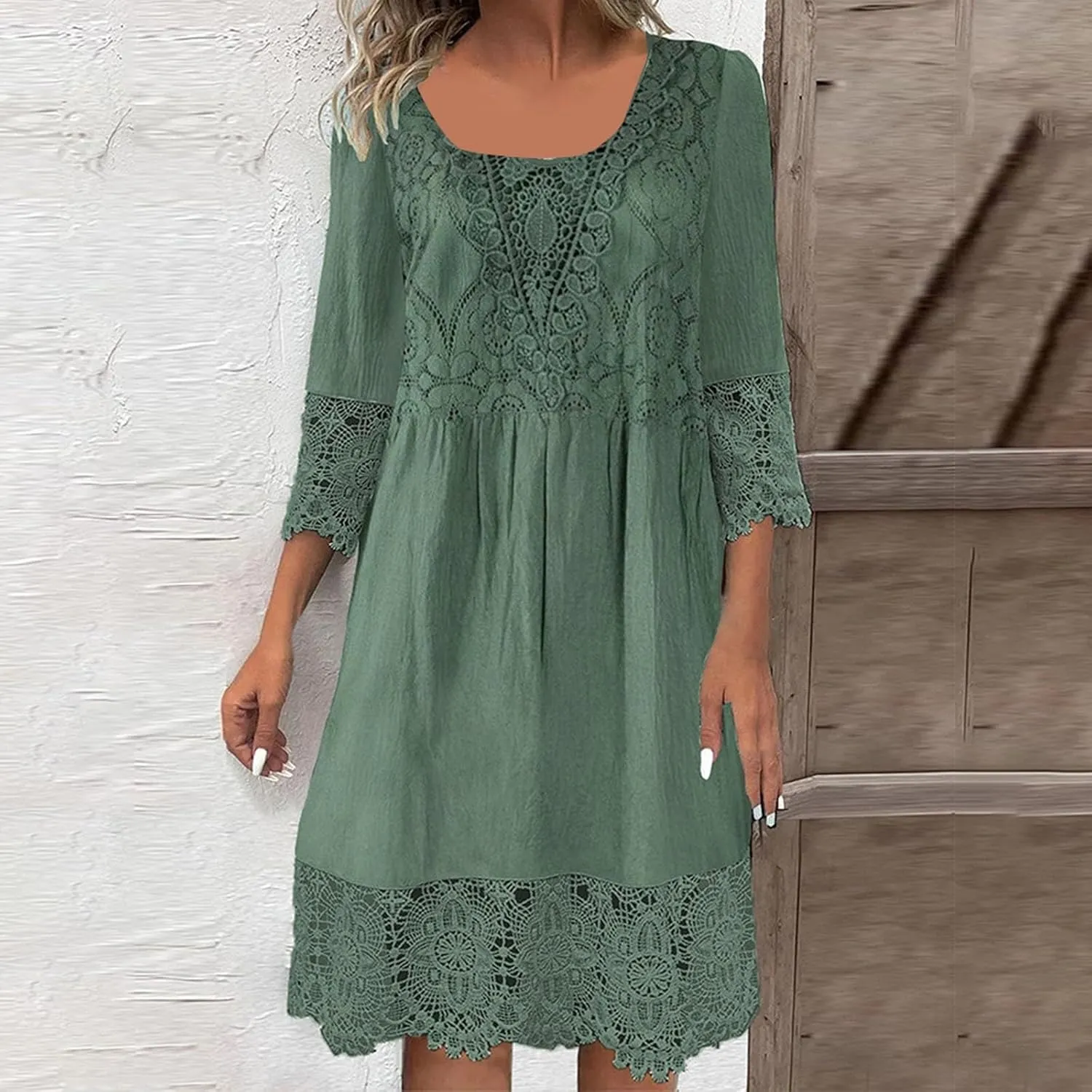 Plus Size Lace Dresses for Womens Fall Dresses Round Neck Midi Dresses Bell Sleeve Short Dress Wedding Guest Dresses