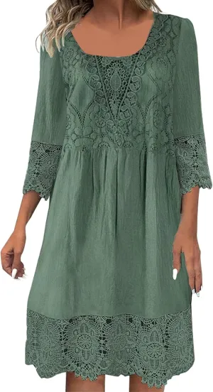 Plus Size Lace Dresses for Womens Fall Dresses Round Neck Midi Dresses Bell Sleeve Short Dress Wedding Guest Dresses