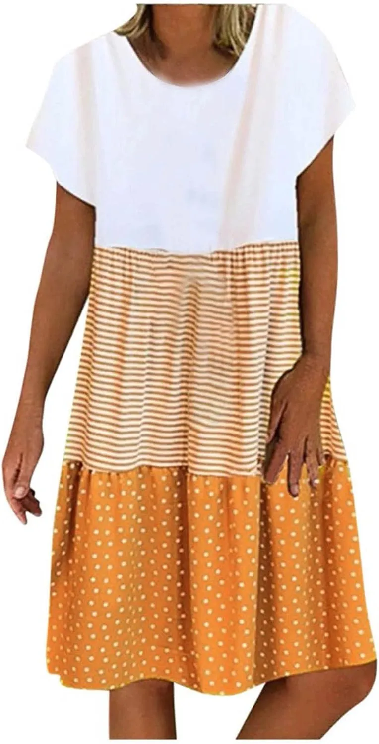 Plus Size Summer Dresses for Women Polka Dot Striped Patchwork Cute Dress Casual Loose Short Sleeve Comfy Dresses