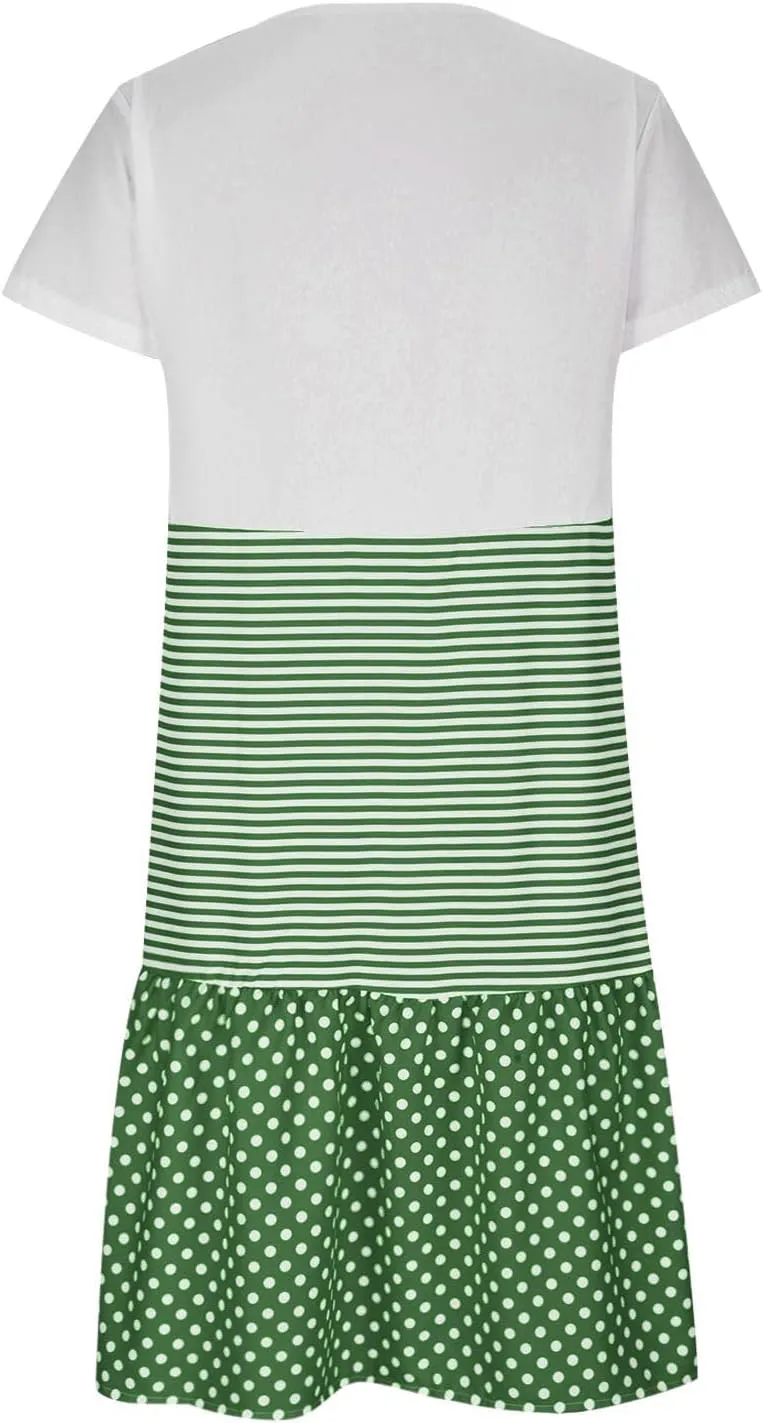 Plus Size Summer Dresses for Women Polka Dot Striped Patchwork Cute Dress Casual Loose Short Sleeve Comfy Dresses