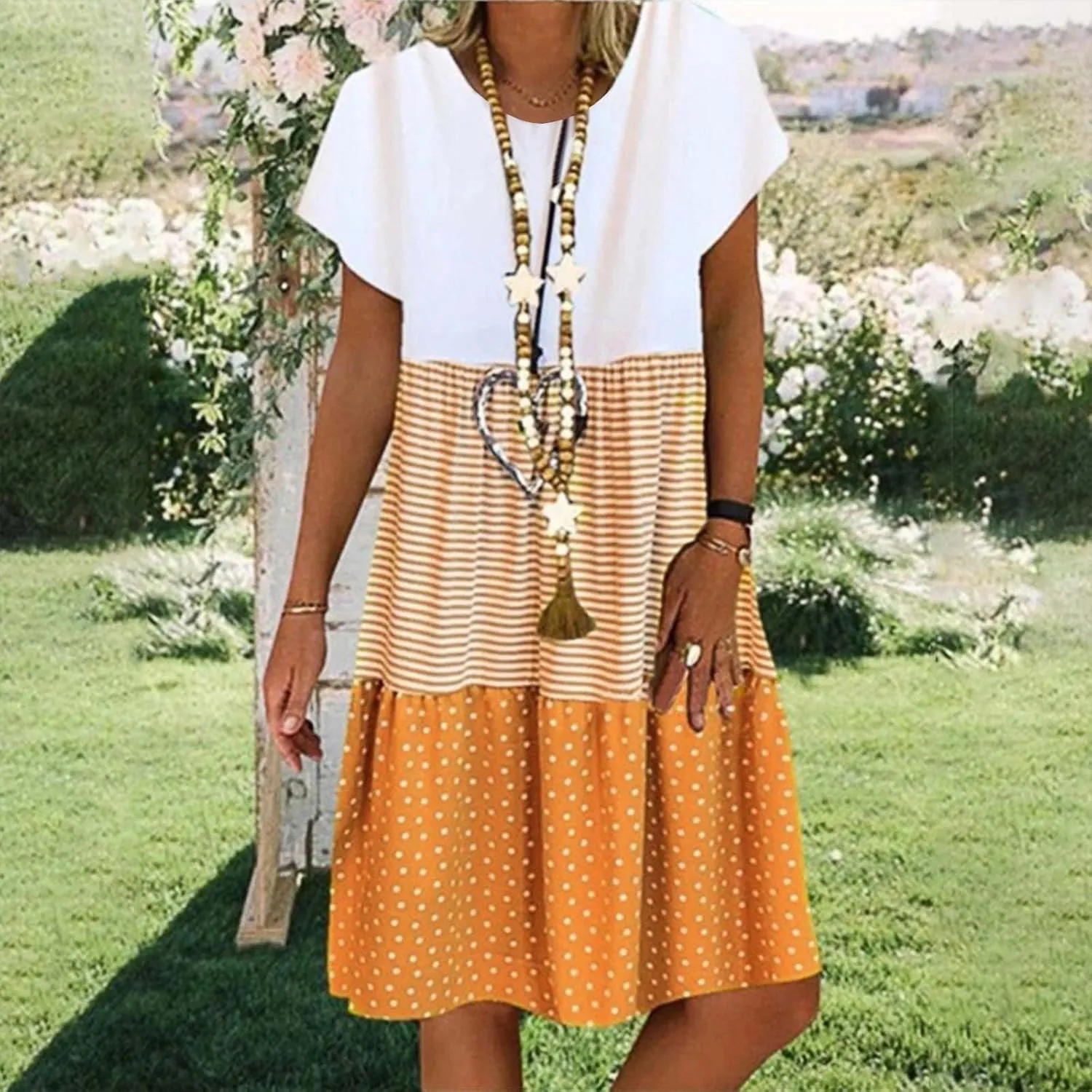 Plus Size Summer Dresses for Women Polka Dot Striped Patchwork Cute Dress Casual Loose Short Sleeve Comfy Dresses