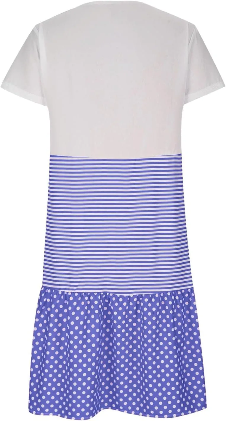 Plus Size Summer Dresses for Women Polka Dot Striped Patchwork Cute Dress Casual Loose Short Sleeve Comfy Dresses