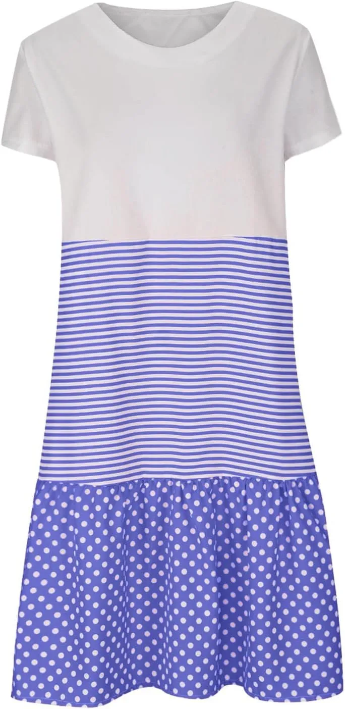 Plus Size Summer Dresses for Women Polka Dot Striped Patchwork Cute Dress Casual Loose Short Sleeve Comfy Dresses