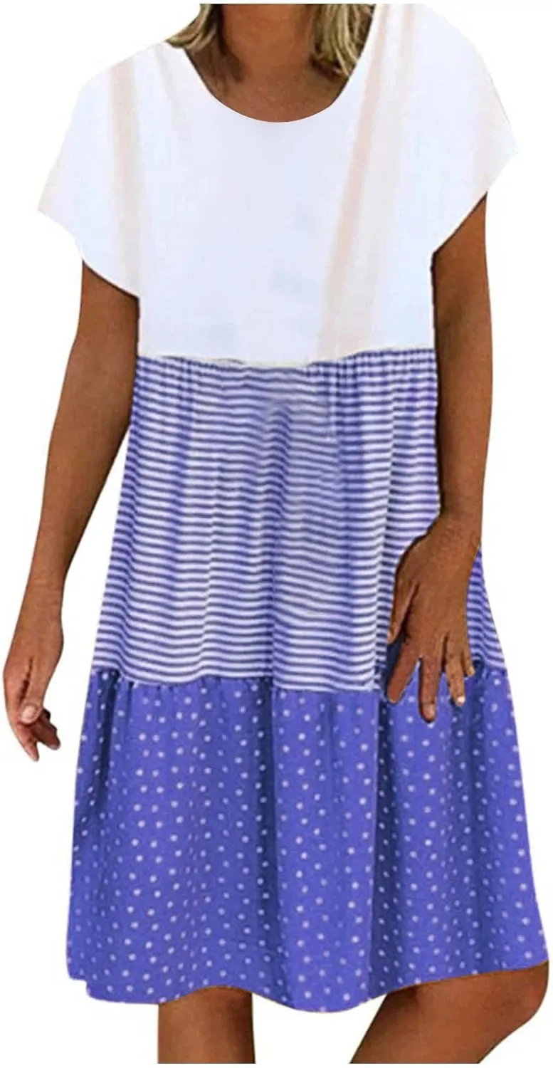 Plus Size Summer Dresses for Women Polka Dot Striped Patchwork Cute Dress Casual Loose Short Sleeve Comfy Dresses
