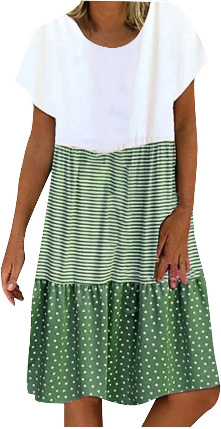 Plus Size Summer Dresses for Women Polka Dot Striped Patchwork Cute Dress Casual Loose Short Sleeve Comfy Dresses