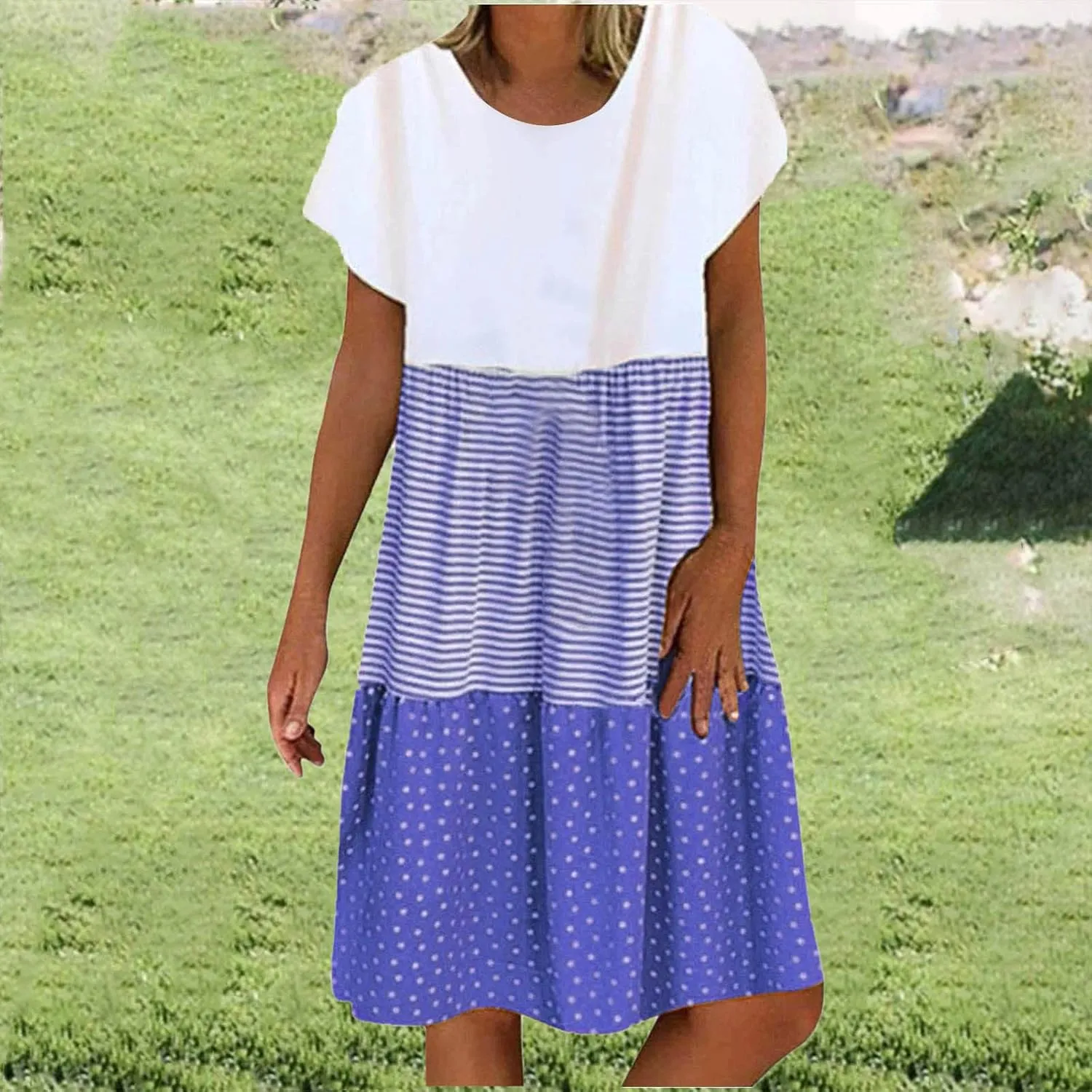 Plus Size Summer Dresses for Women Polka Dot Striped Patchwork Cute Dress Casual Loose Short Sleeve Comfy Dresses