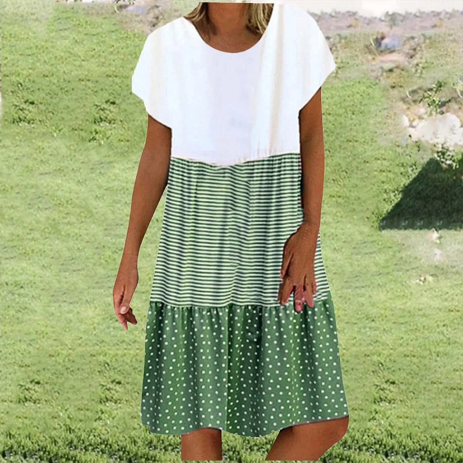 Plus Size Summer Dresses for Women Polka Dot Striped Patchwork Cute Dress Casual Loose Short Sleeve Comfy Dresses