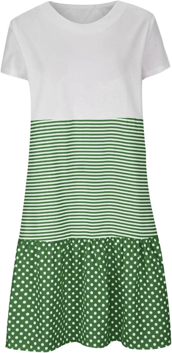 Plus Size Summer Dresses for Women Polka Dot Striped Patchwork Cute Dress Casual Loose Short Sleeve Comfy Dresses