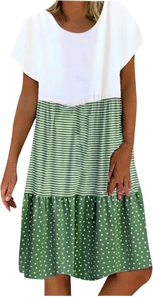 Plus Size Summer Dresses for Women Polka Dot Striped Patchwork Cute Dress Casual Loose Short Sleeve Comfy Dresses