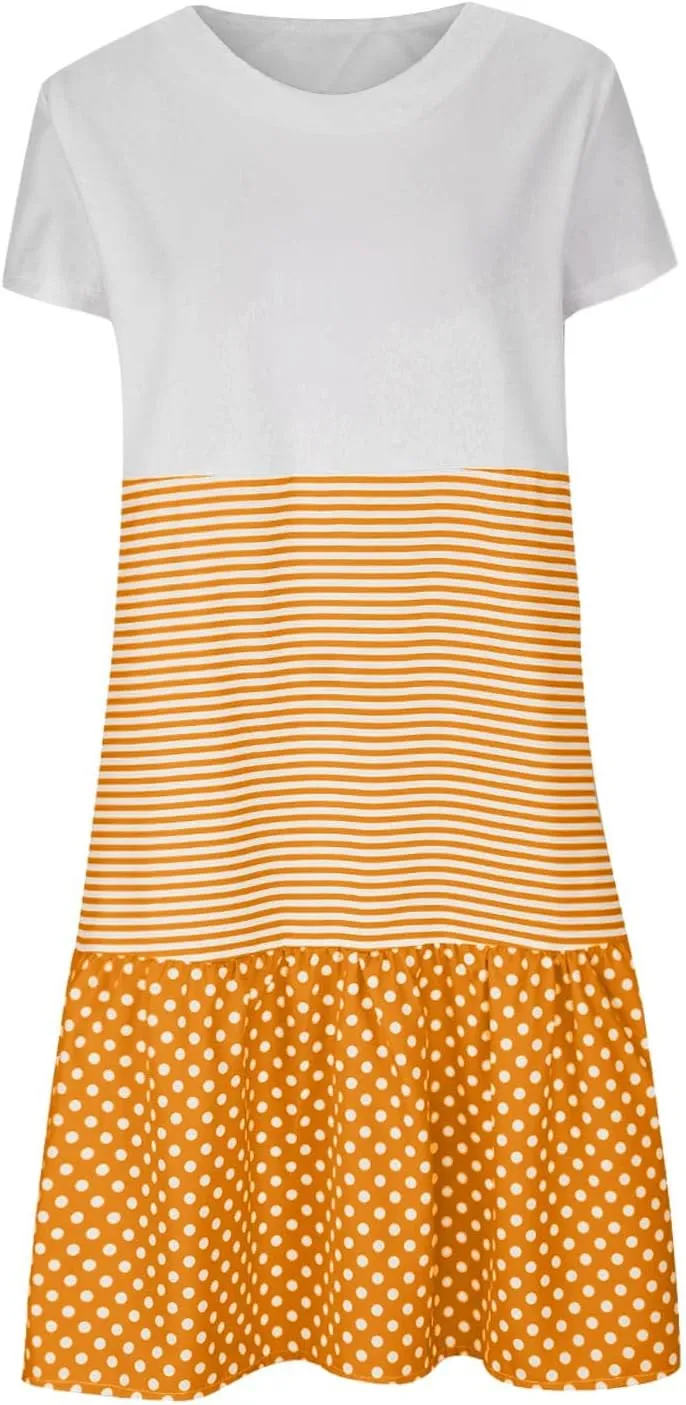 Plus Size Summer Dresses for Women Polka Dot Striped Patchwork Cute Dress Casual Loose Short Sleeve Comfy Dresses