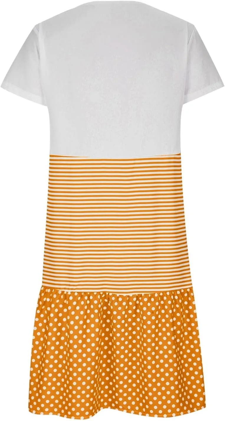 Plus Size Summer Dresses for Women Polka Dot Striped Patchwork Cute Dress Casual Loose Short Sleeve Comfy Dresses