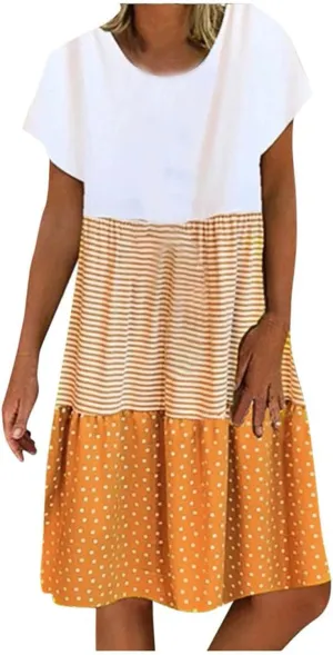 Plus Size Summer Dresses for Women Polka Dot Striped Patchwork Cute Dress Casual Loose Short Sleeve Comfy Dresses