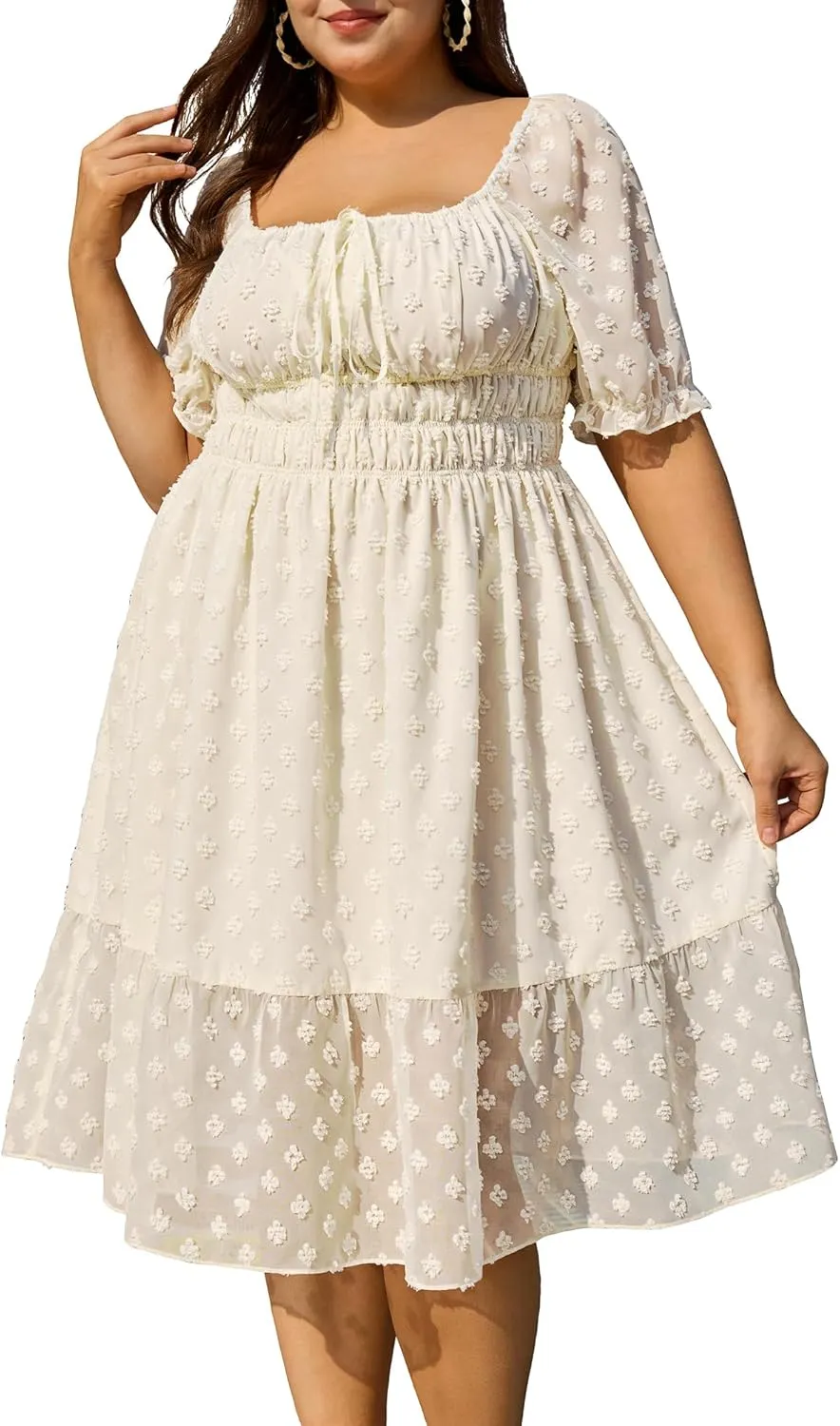 Plus Size White Dress for Women 2025 Summer Chiffon Swiss Dot Puff Sleeve Square Neck Smocked Beach Vacation Dresses New