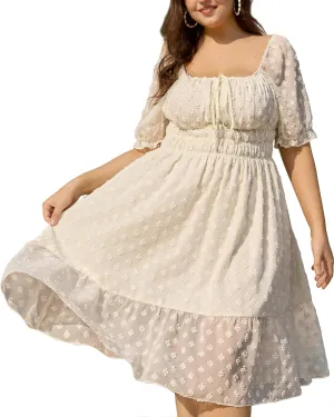 Plus Size White Dress for Women 2025 Summer Chiffon Swiss Dot Puff Sleeve Square Neck Smocked Beach Vacation Dresses New