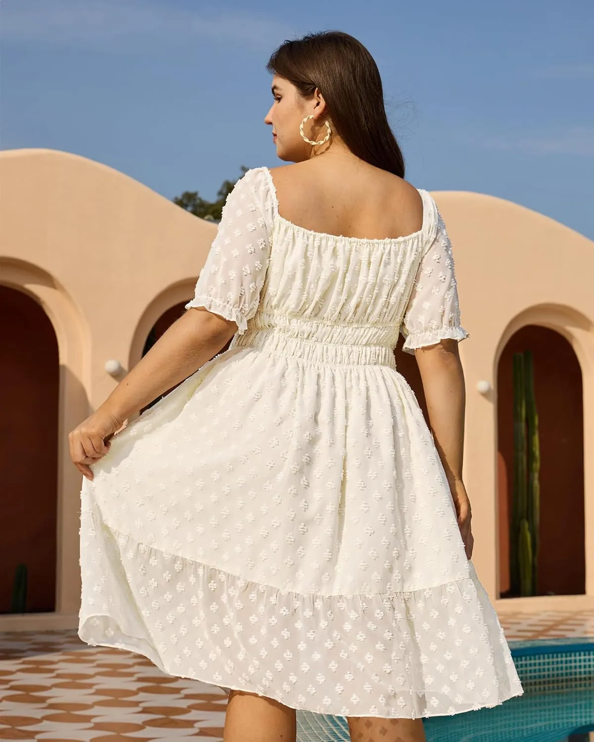 Plus Size White Dress for Women 2025 Summer Chiffon Swiss Dot Puff Sleeve Square Neck Smocked Beach Vacation Dresses New
