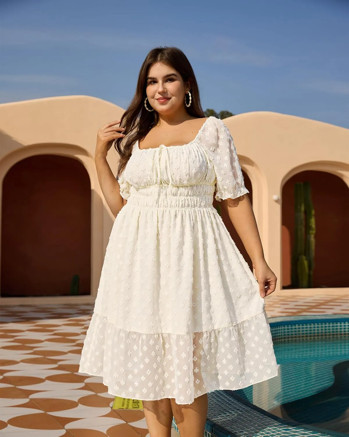 Plus Size White Dress for Women 2025 Summer Chiffon Swiss Dot Puff Sleeve Square Neck Smocked Beach Vacation Dresses New
