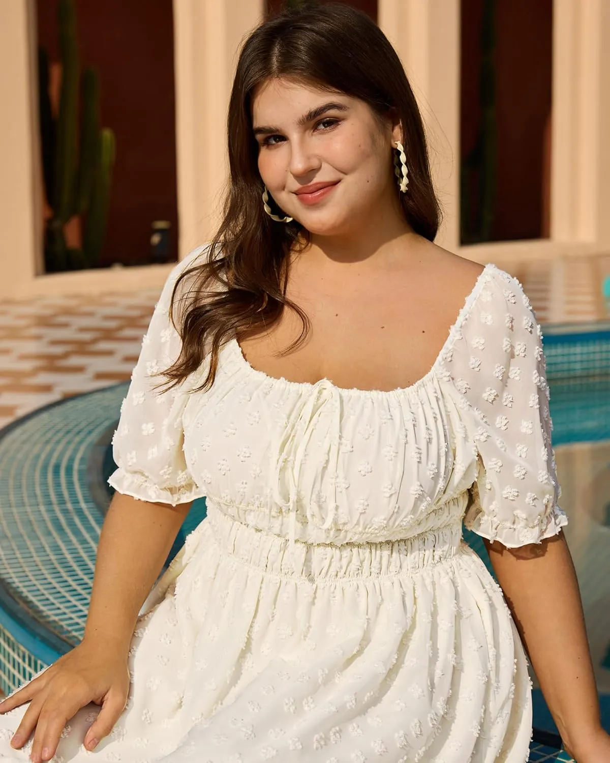 Plus Size White Dress for Women 2025 Summer Chiffon Swiss Dot Puff Sleeve Square Neck Smocked Beach Vacation Dresses New