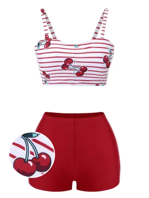 [Pre-Sale] Red 1950s Striped Cherry Strap Swimsuit