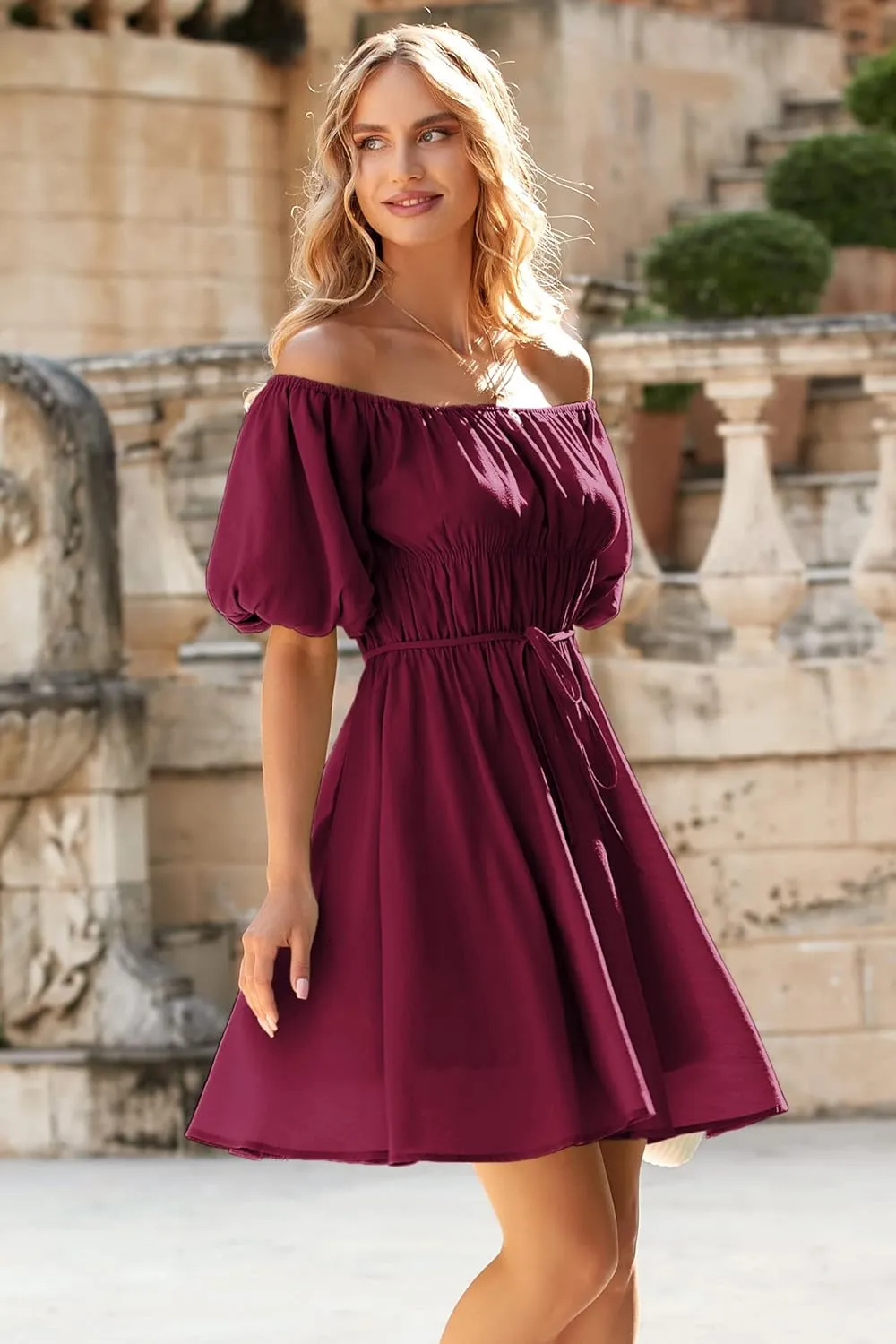 PRETTYGARDEN Women's Off The Shoulder Babydoll Dress Short Puff Sleeve Casual A Line Ruffle Summer Dresses