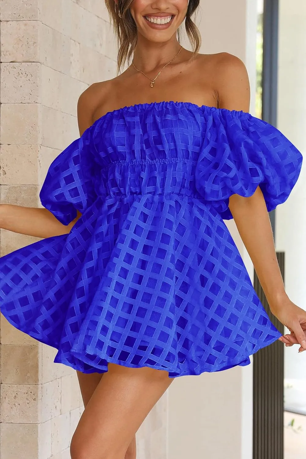 PRETTYGARDEN Women's Off The Shoulder Babydoll Dress Short Puff Sleeve Casual A Line Ruffle Summer Dresses