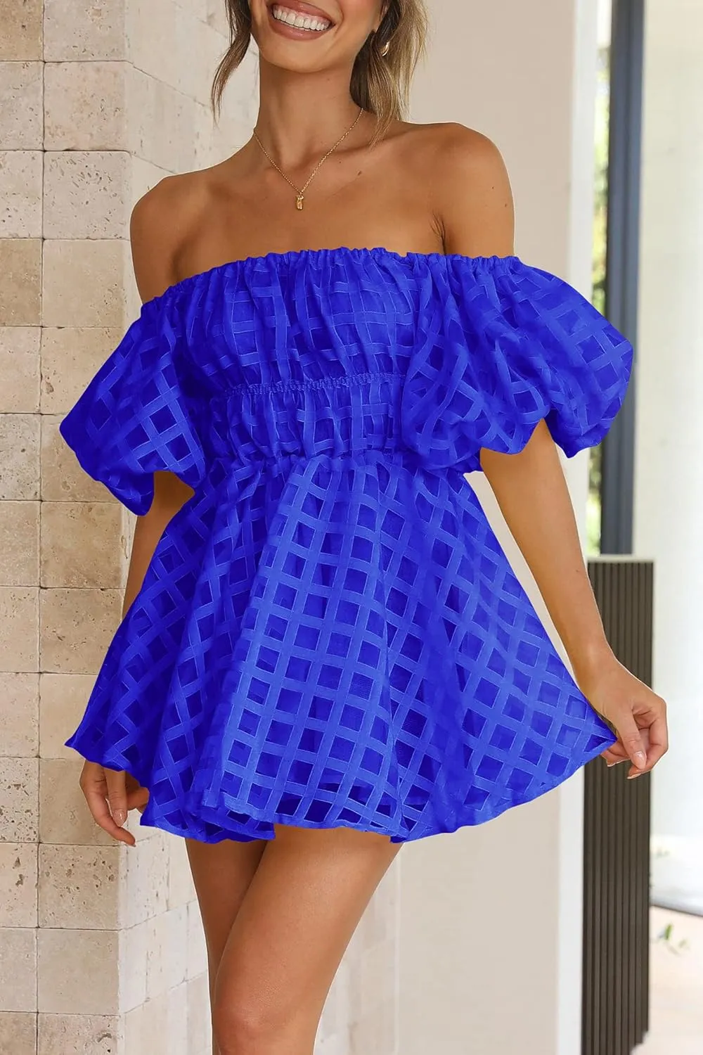 PRETTYGARDEN Women's Off The Shoulder Babydoll Dress Short Puff Sleeve Casual A Line Ruffle Summer Dresses