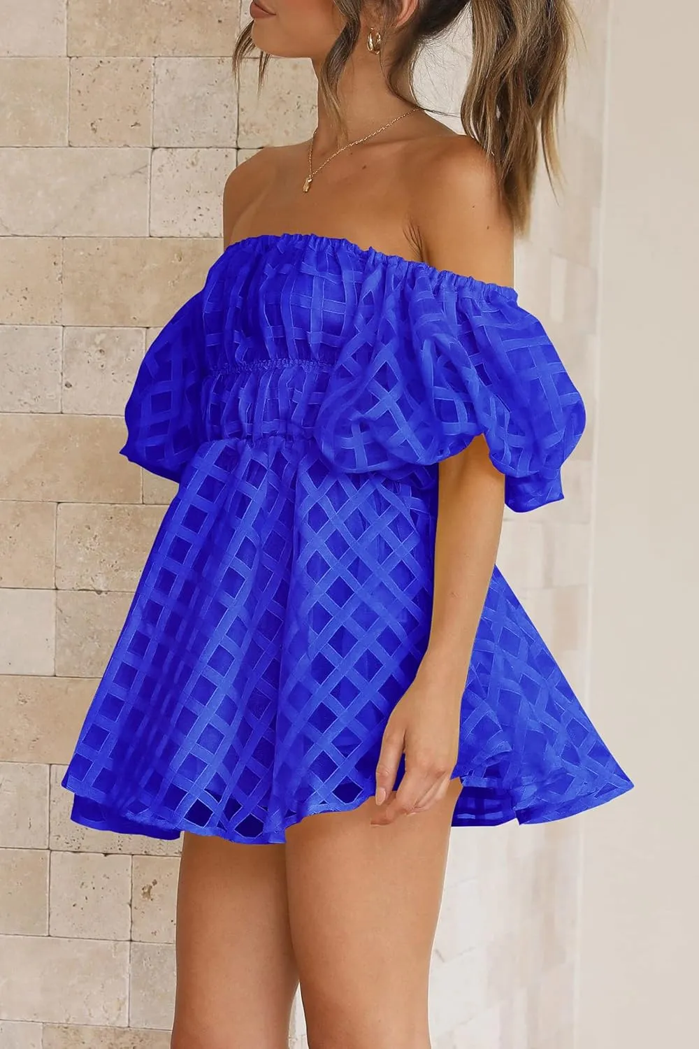 PRETTYGARDEN Women's Off The Shoulder Babydoll Dress Short Puff Sleeve Casual A Line Ruffle Summer Dresses