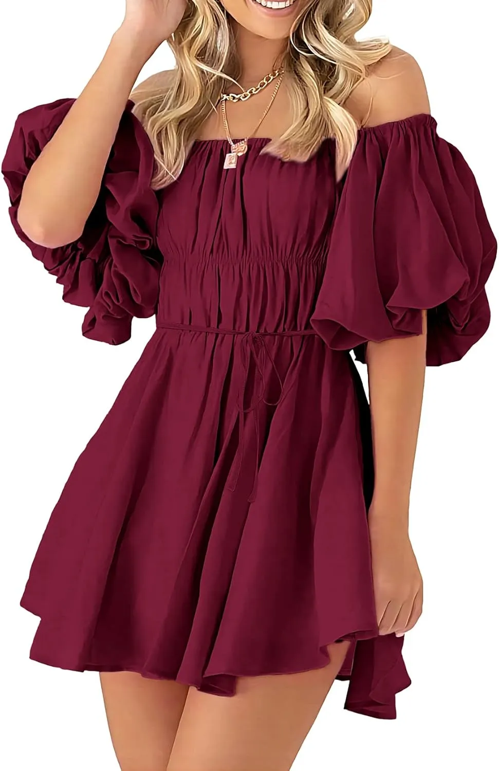 PRETTYGARDEN Women's Off The Shoulder Babydoll Dress Short Puff Sleeve Casual A Line Ruffle Summer Dresses