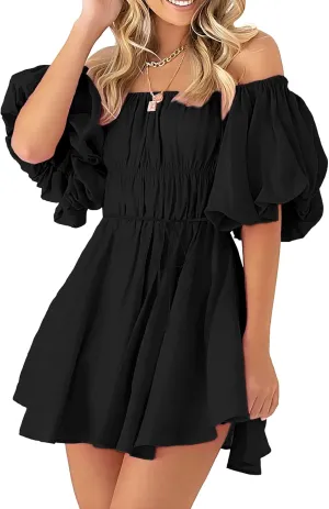 PRETTYGARDEN Women's Off The Shoulder Babydoll Dress Short Puff Sleeve Casual A Line Ruffle Summer Dresses