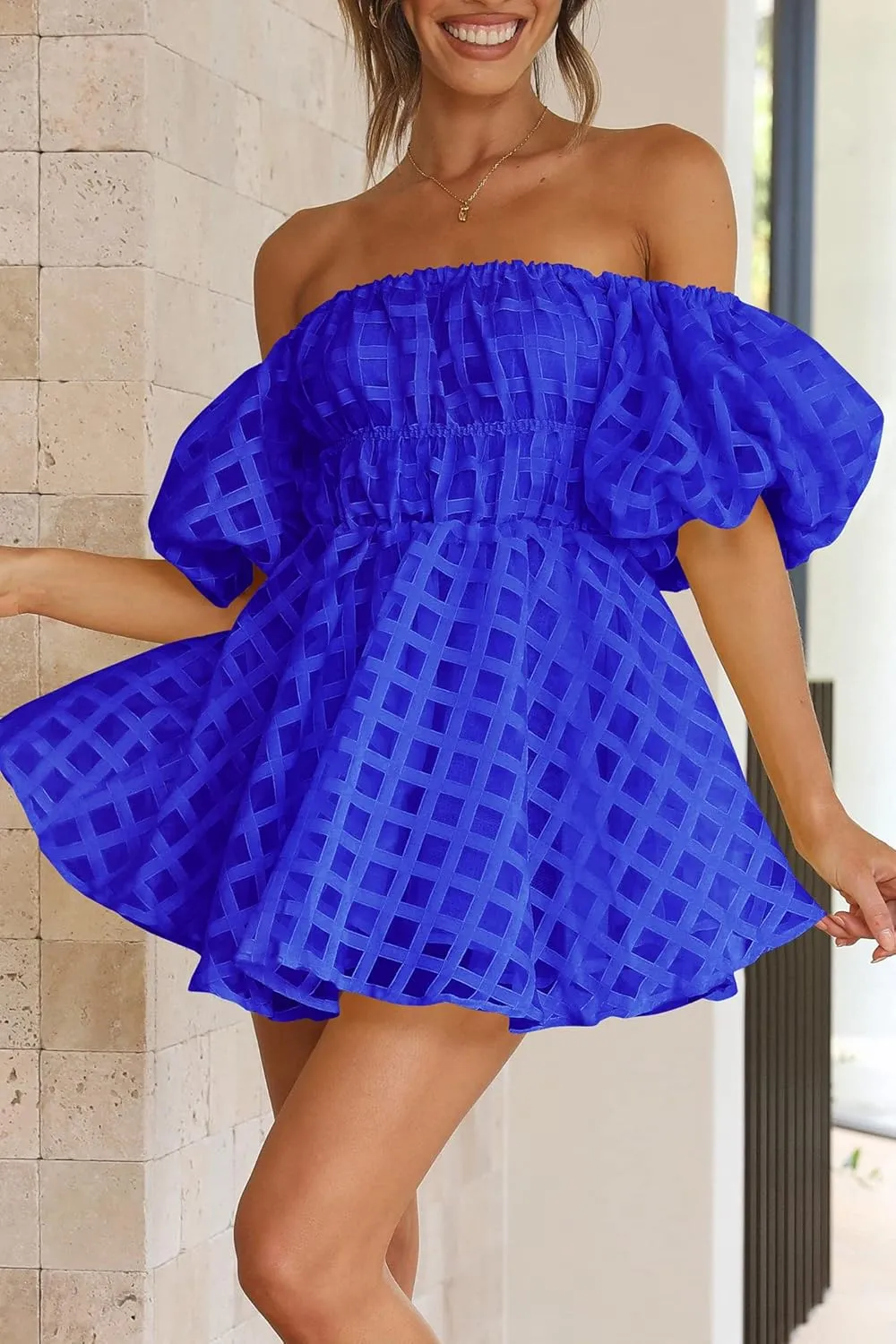PRETTYGARDEN Women's Off The Shoulder Babydoll Dress Short Puff Sleeve Casual A Line Ruffle Summer Dresses