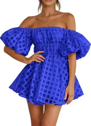 PRETTYGARDEN Women's Off The Shoulder Babydoll Dress Short Puff Sleeve Casual A Line Ruffle Summer Dresses