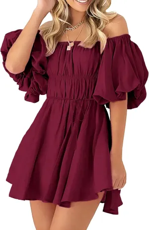PRETTYGARDEN Women's Off The Shoulder Babydoll Dress Short Puff Sleeve Casual A Line Ruffle Summer Dresses