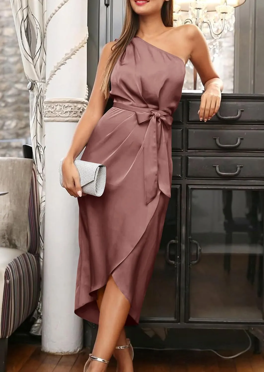 PRETTYGARDEN Women's Summer One Shoulder Ruched Satin Dress Sleeveless Wrap Spring Wedding Guest Cocktail Midi Dress