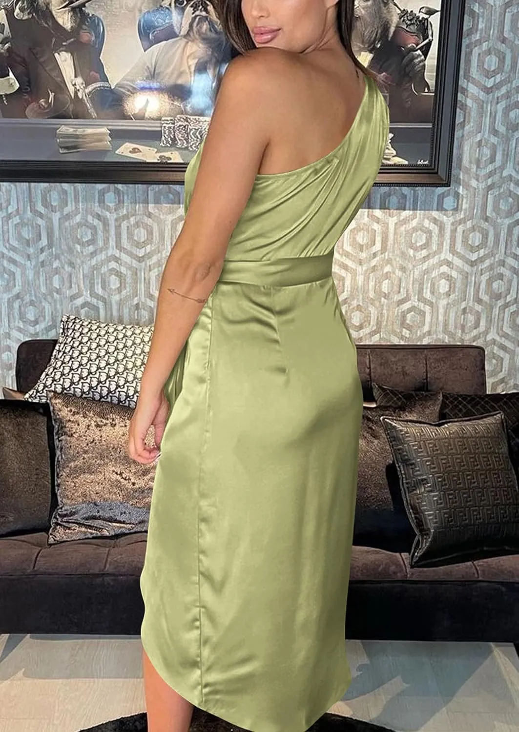 PRETTYGARDEN Women's Summer One Shoulder Ruched Satin Dress Sleeveless Wrap Spring Wedding Guest Cocktail Midi Dress