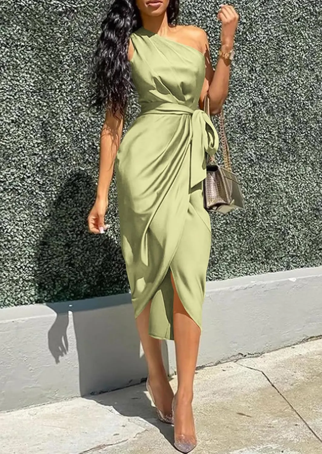 PRETTYGARDEN Women's Summer One Shoulder Ruched Satin Dress Sleeveless Wrap Spring Wedding Guest Cocktail Midi Dress