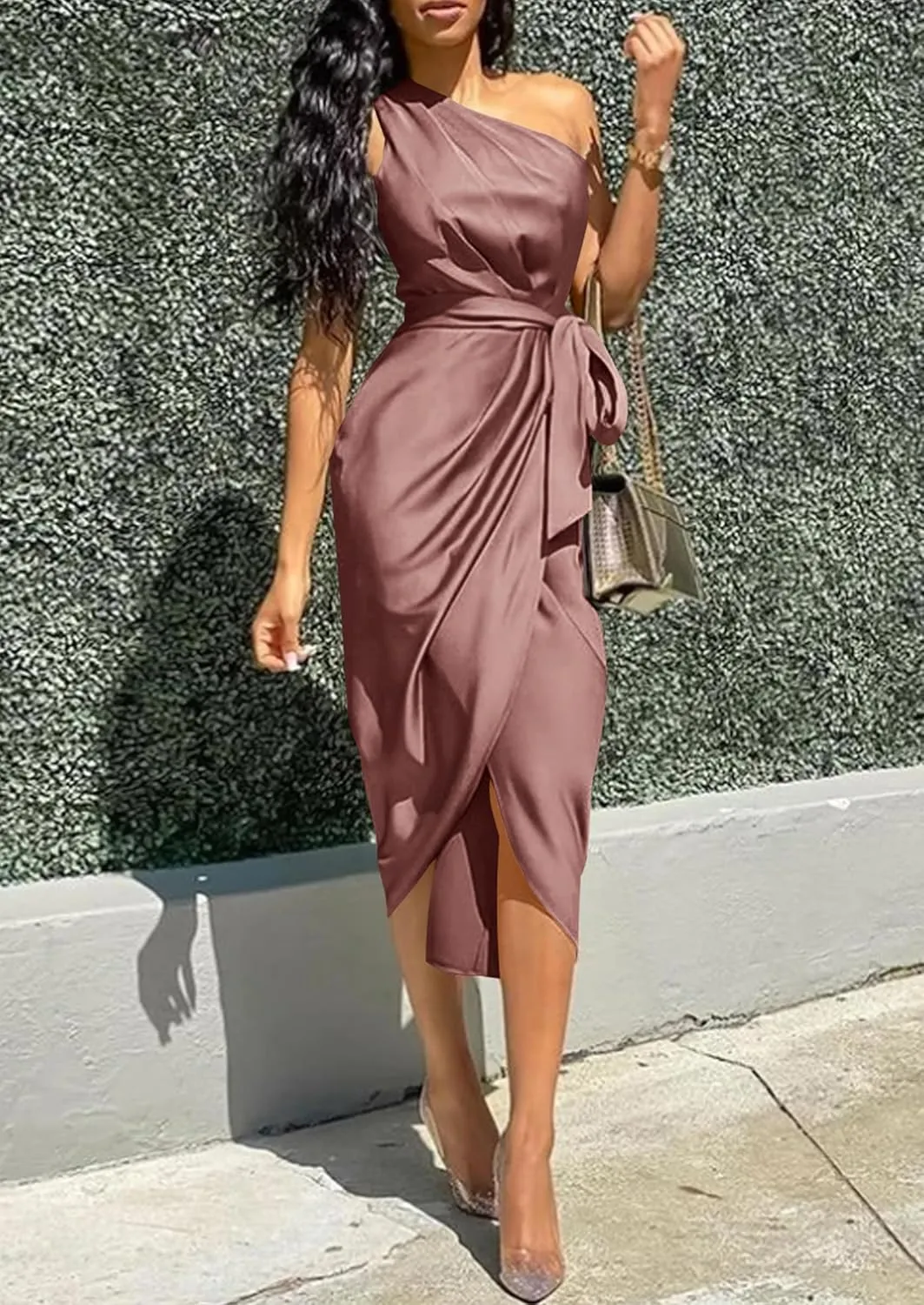 PRETTYGARDEN Women's Summer One Shoulder Ruched Satin Dress Sleeveless Wrap Spring Wedding Guest Cocktail Midi Dress