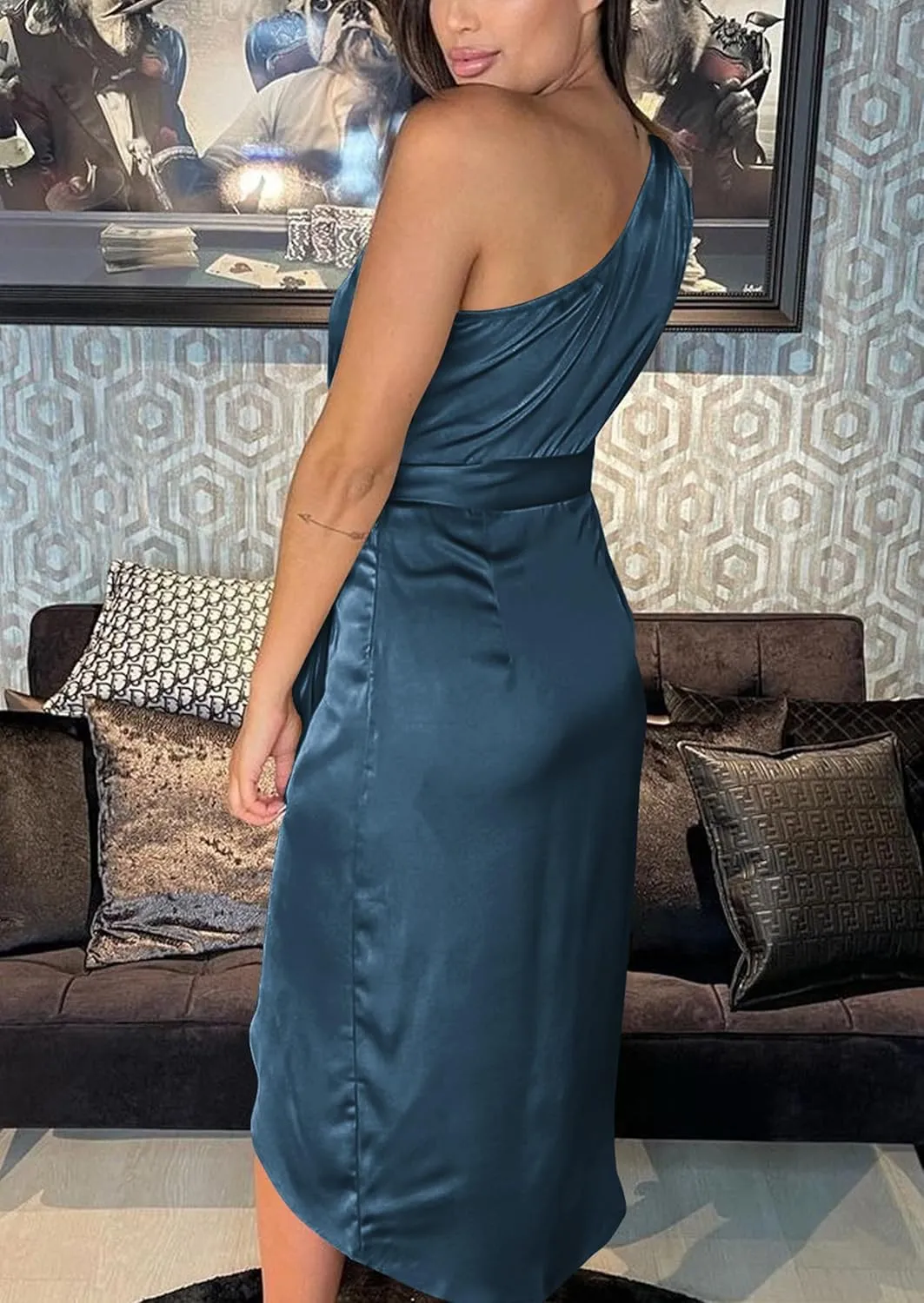 PRETTYGARDEN Women's Summer One Shoulder Ruched Satin Dress Sleeveless Wrap Spring Wedding Guest Cocktail Midi Dress