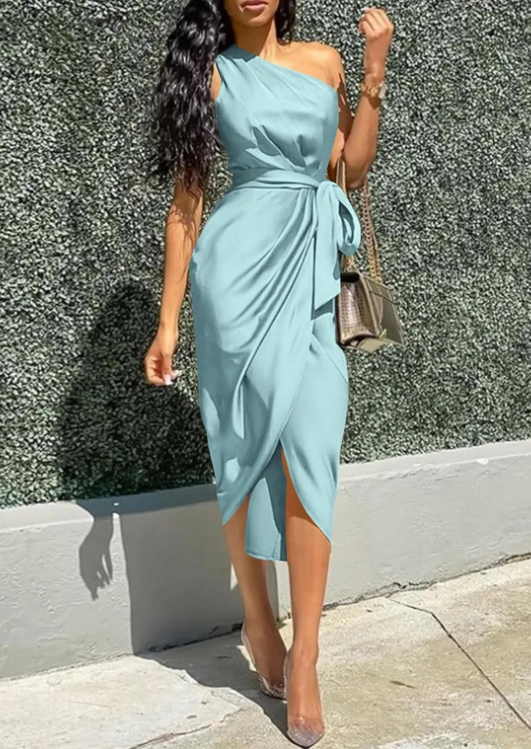 PRETTYGARDEN Women's Summer One Shoulder Ruched Satin Dress Sleeveless Wrap Spring Wedding Guest Cocktail Midi Dress