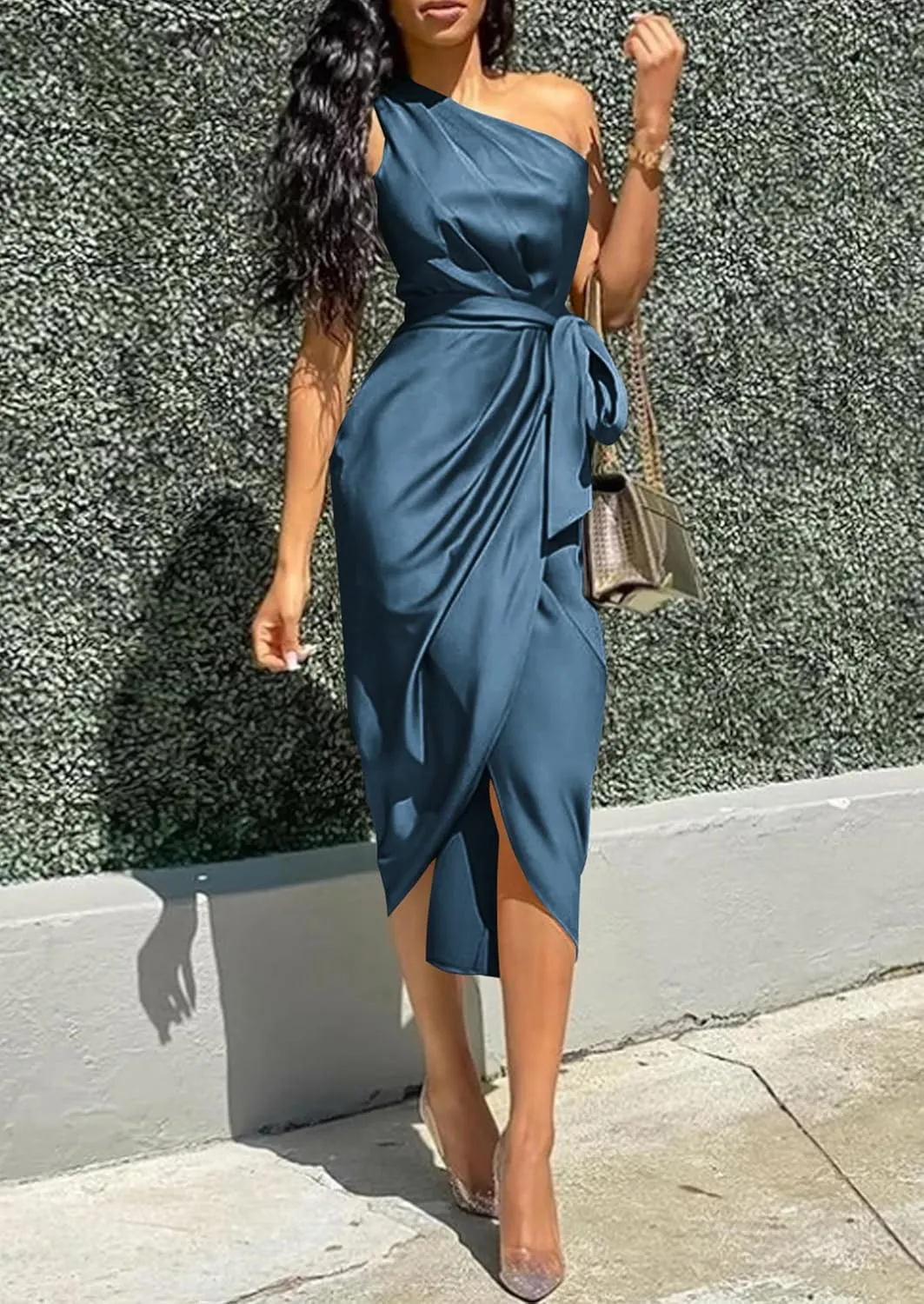 PRETTYGARDEN Women's Summer One Shoulder Ruched Satin Dress Sleeveless Wrap Spring Wedding Guest Cocktail Midi Dress