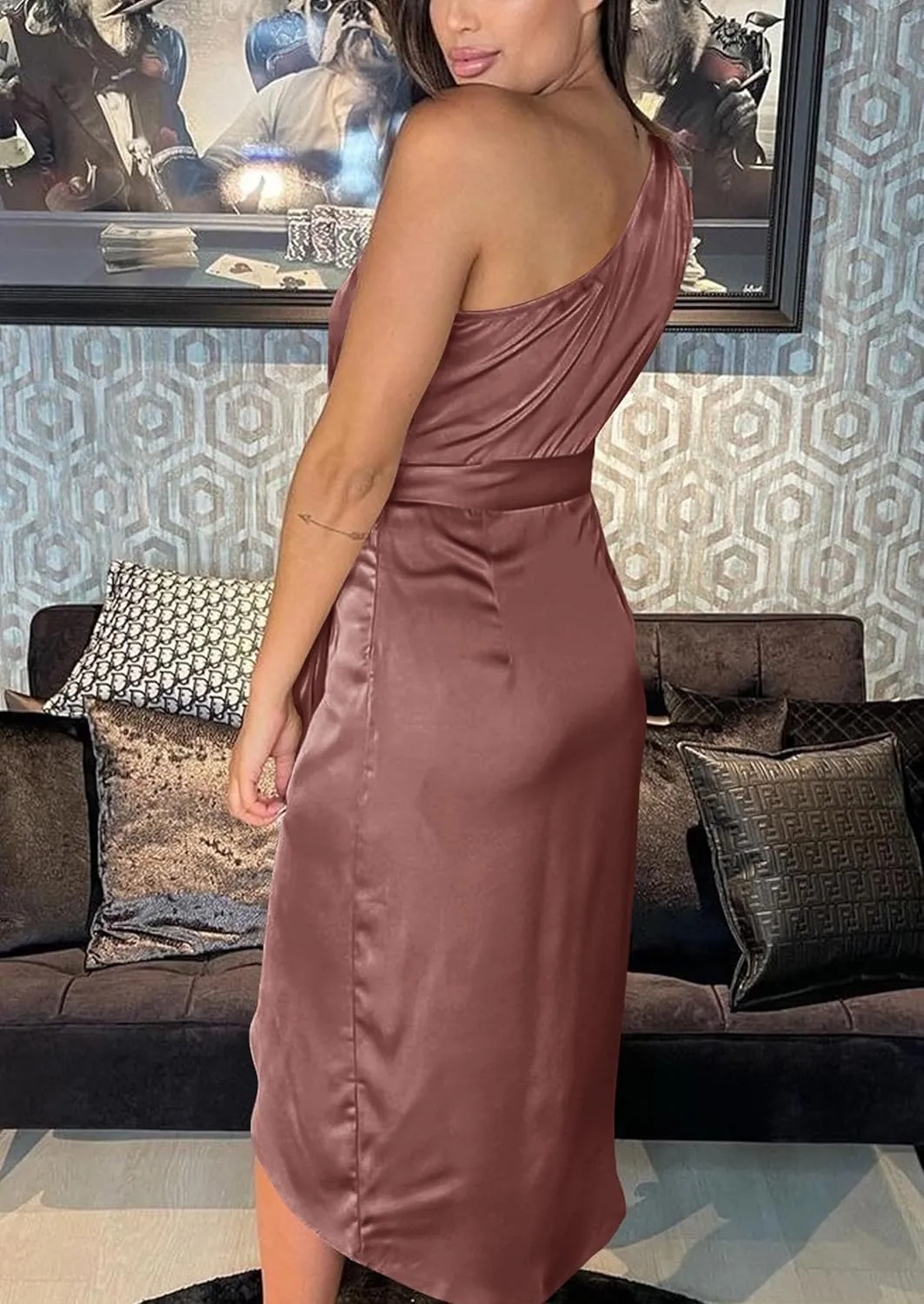 PRETTYGARDEN Women's Summer One Shoulder Ruched Satin Dress Sleeveless Wrap Spring Wedding Guest Cocktail Midi Dress