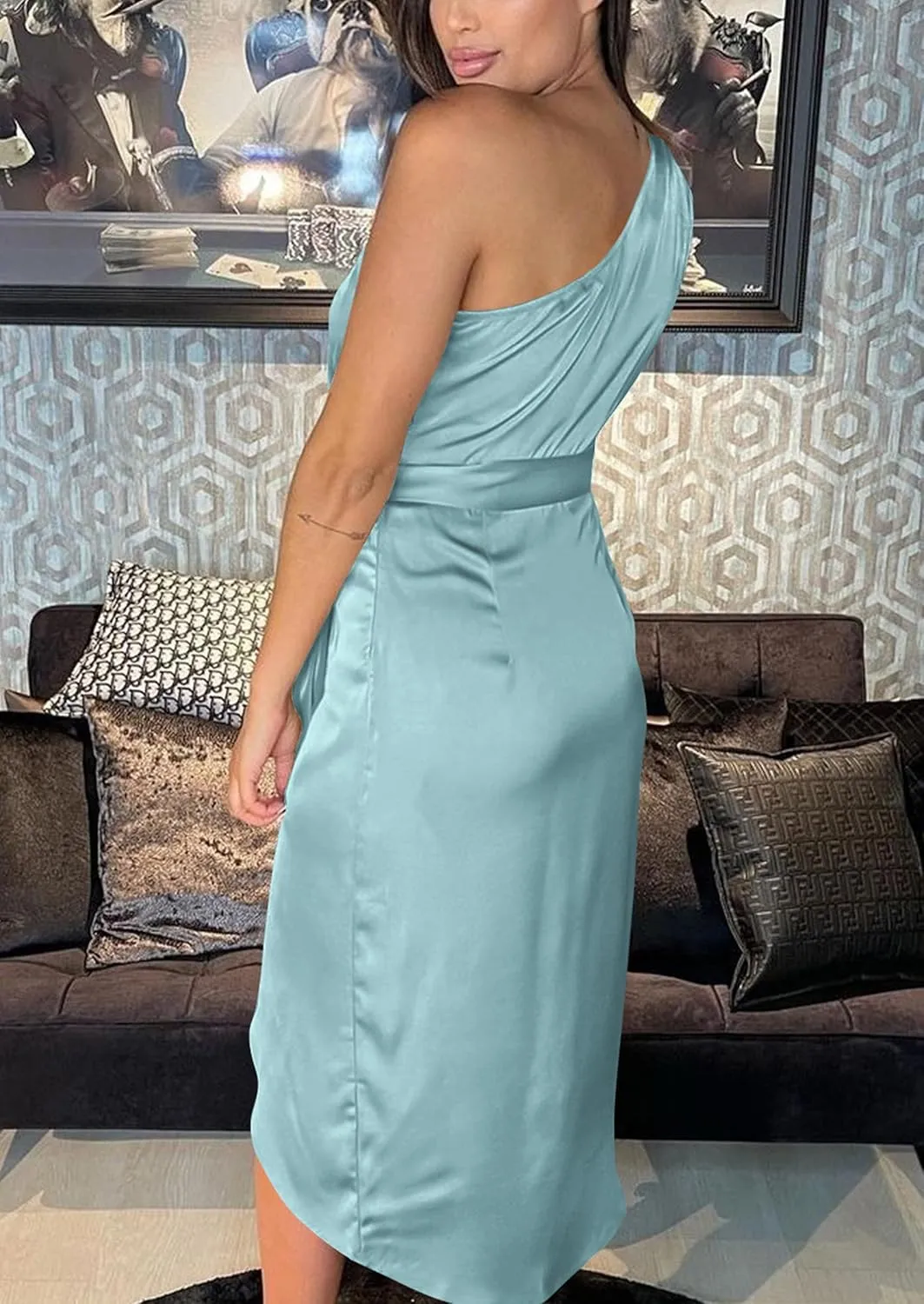 PRETTYGARDEN Women's Summer One Shoulder Ruched Satin Dress Sleeveless Wrap Spring Wedding Guest Cocktail Midi Dress