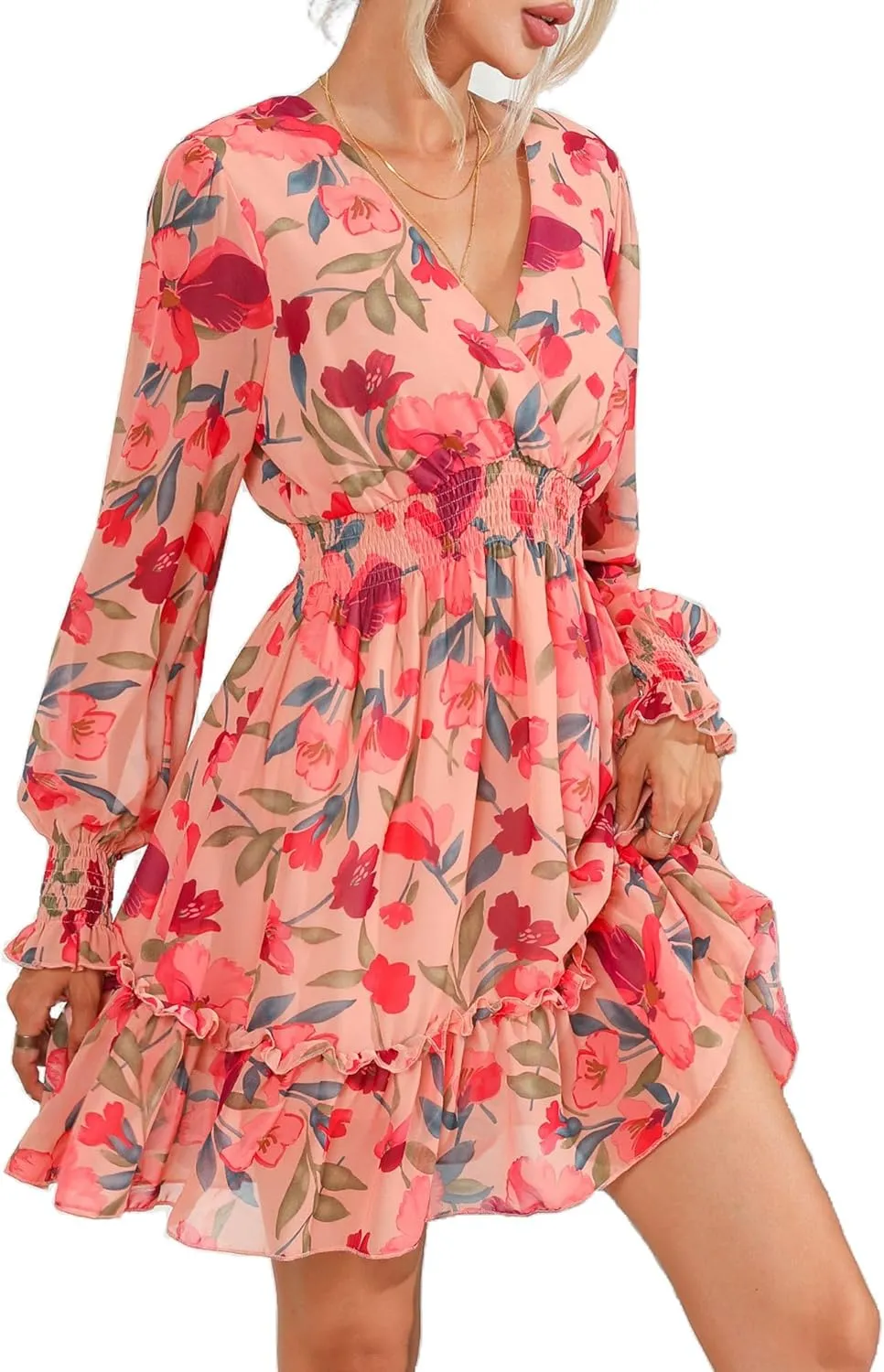 Prettywear Women's Floral Chiffon Long Sleeve Mini Dress Flowy A-Line Wrap Neck Tie Back Short Dress