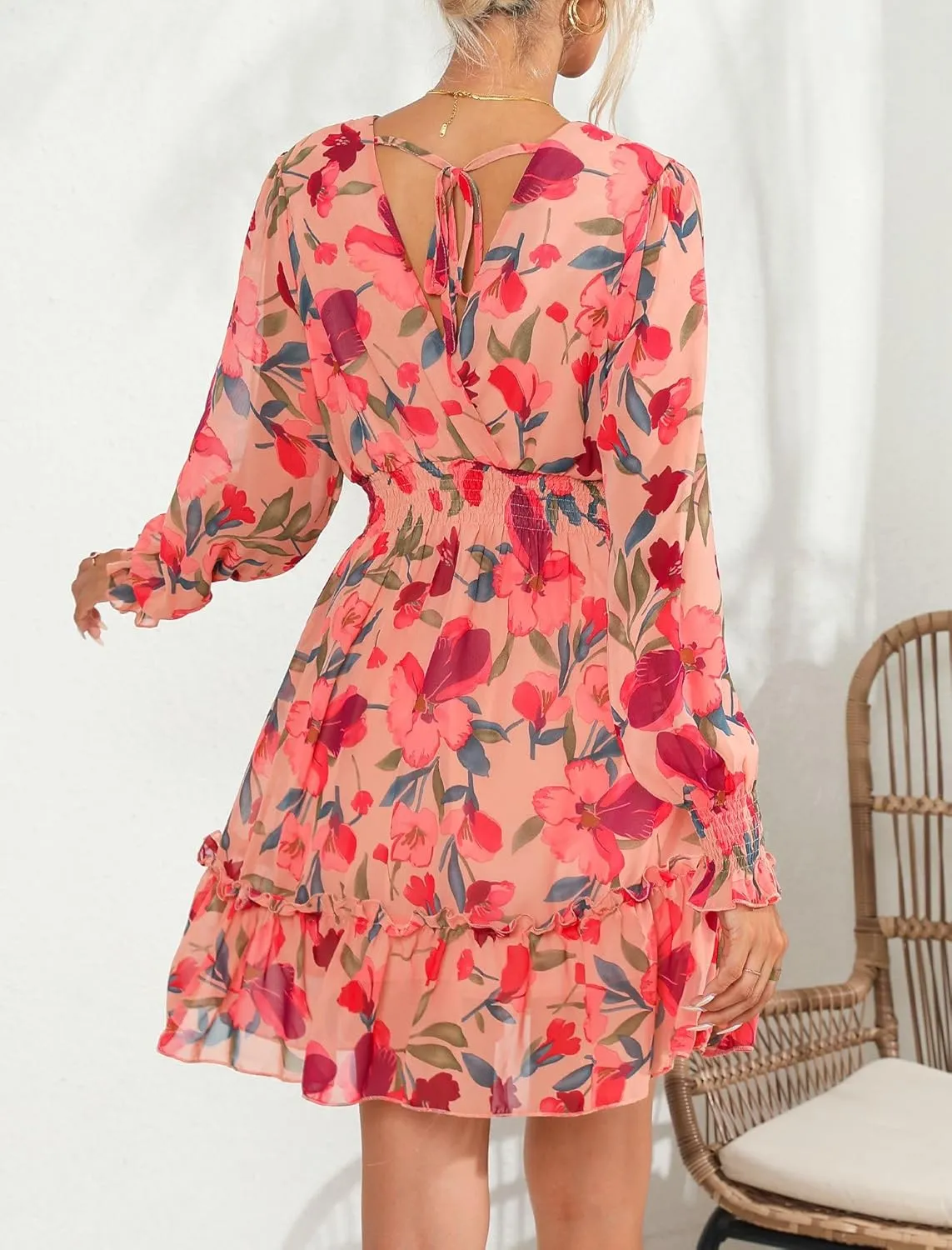 Prettywear Women's Floral Chiffon Long Sleeve Mini Dress Flowy A-Line Wrap Neck Tie Back Short Dress