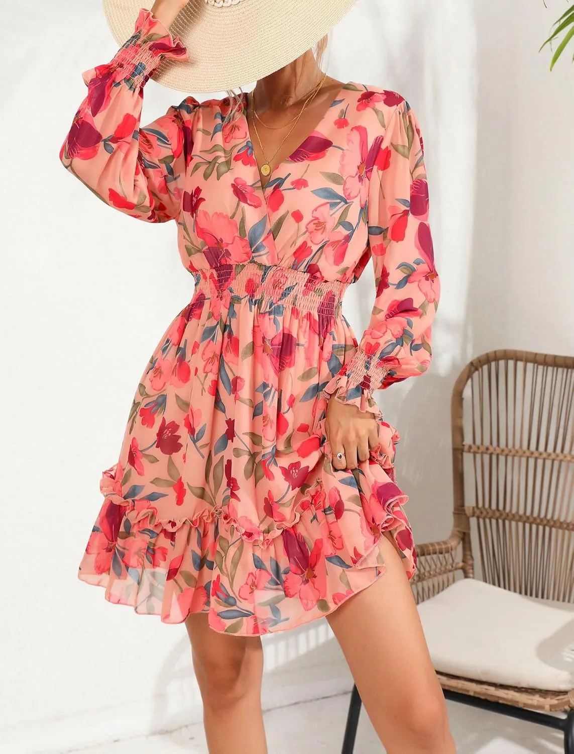 Prettywear Women's Floral Chiffon Long Sleeve Mini Dress Flowy A-Line Wrap Neck Tie Back Short Dress
