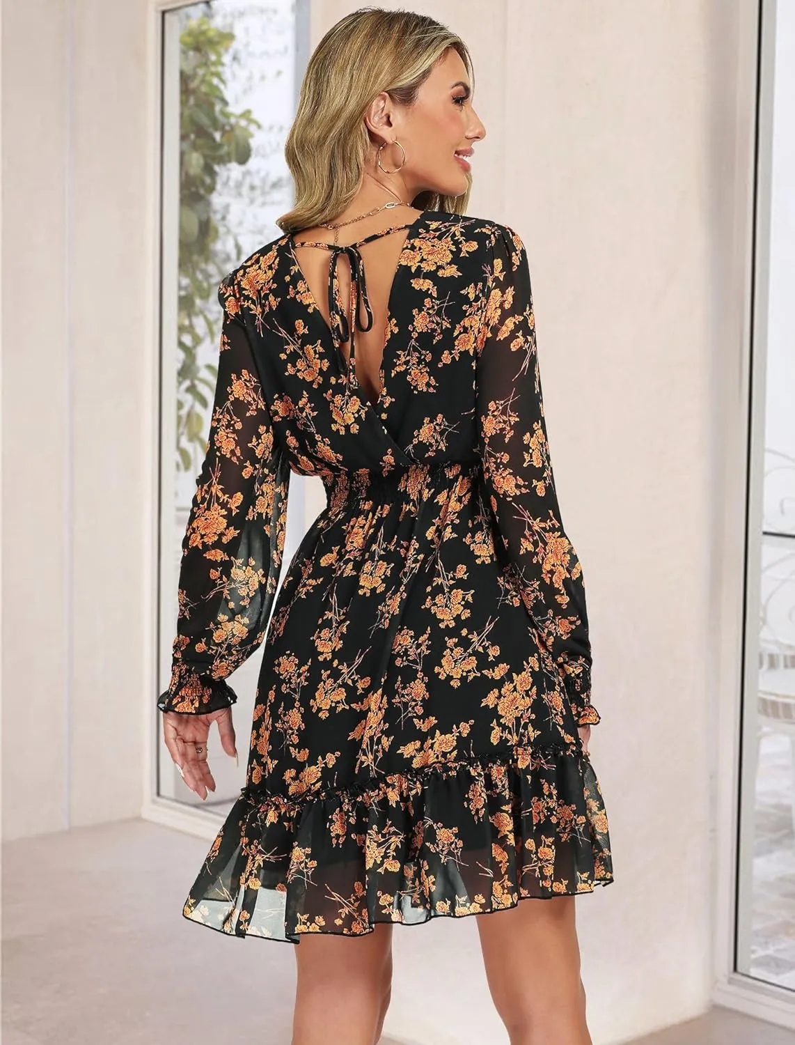 Prettywear Women's Floral Chiffon Long Sleeve Mini Dress Flowy A-Line Wrap Neck Tie Back Short Dress