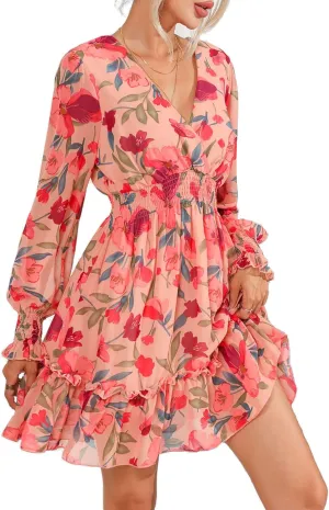 Prettywear Women's Floral Chiffon Long Sleeve Mini Dress Flowy A-Line Wrap Neck Tie Back Short Dress