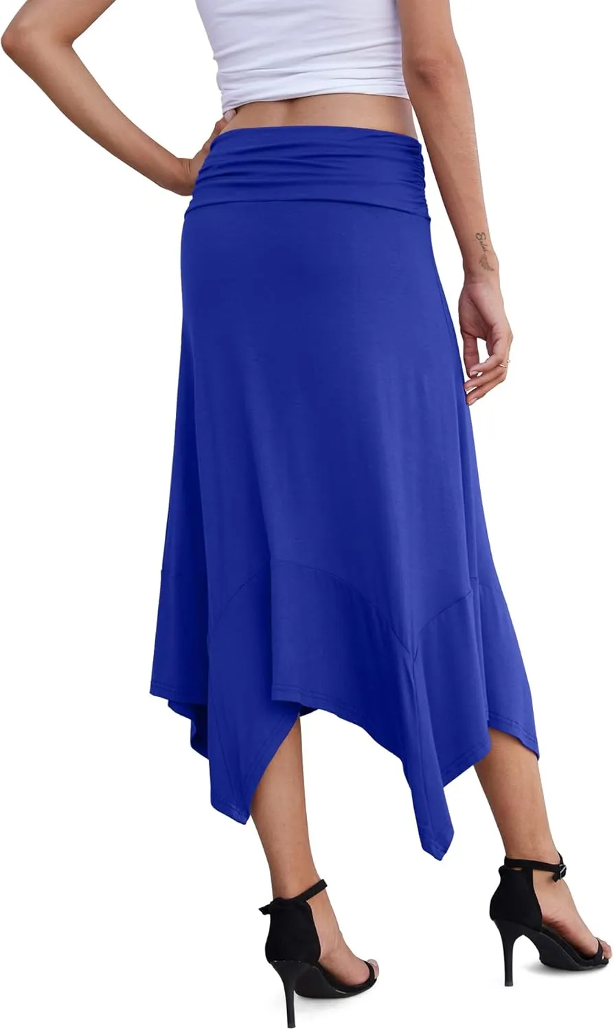 PrinStory Women's Casual Elegant Flowy Handkerchief Hemline Midi Skirt