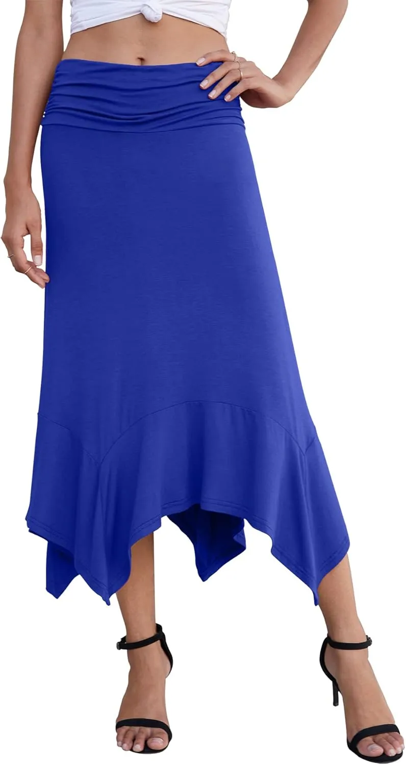 PrinStory Women's Casual Elegant Flowy Handkerchief Hemline Midi Skirt