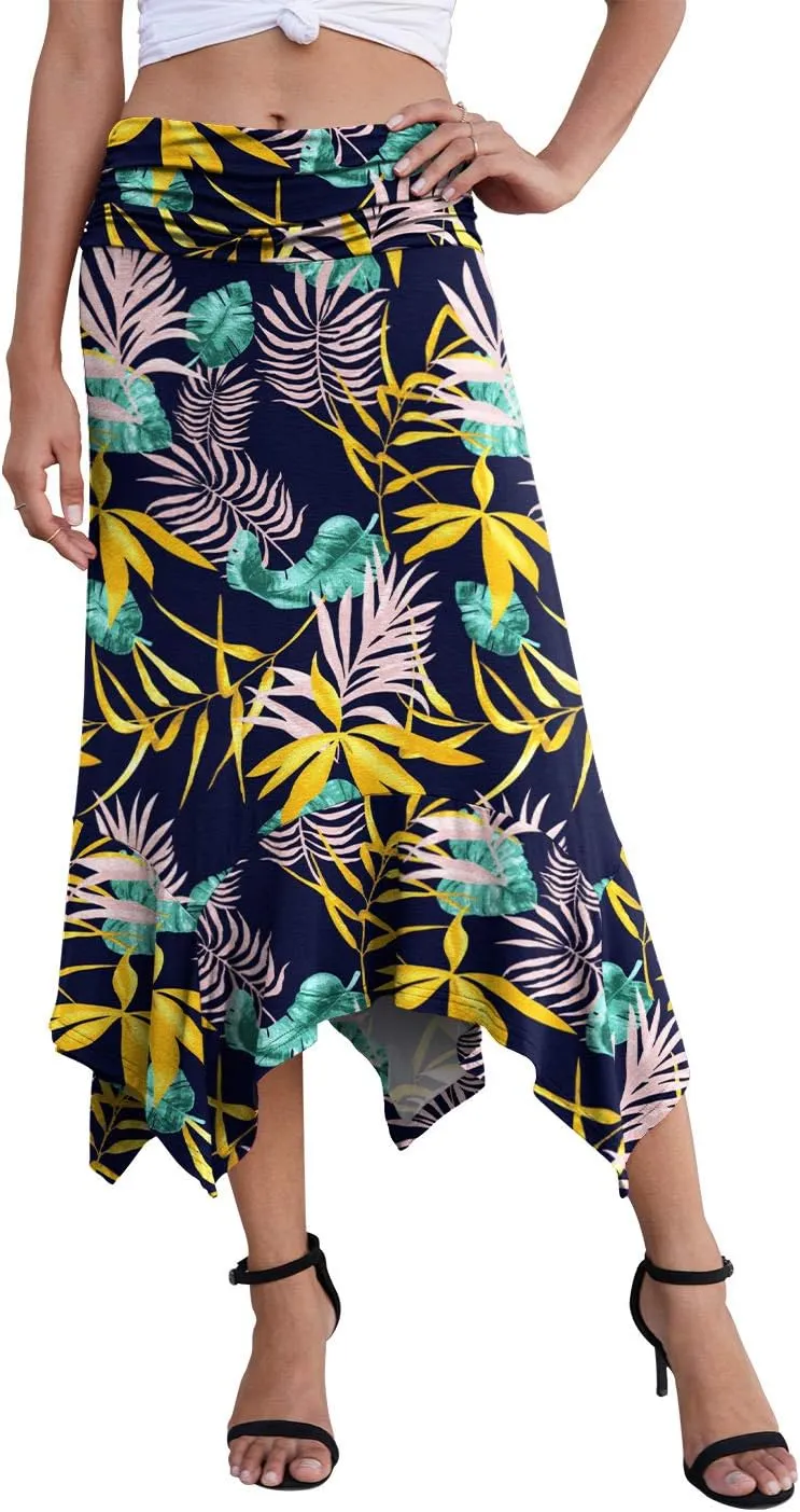 PrinStory Women's Casual Elegant Flowy Handkerchief Hemline Midi Skirt
