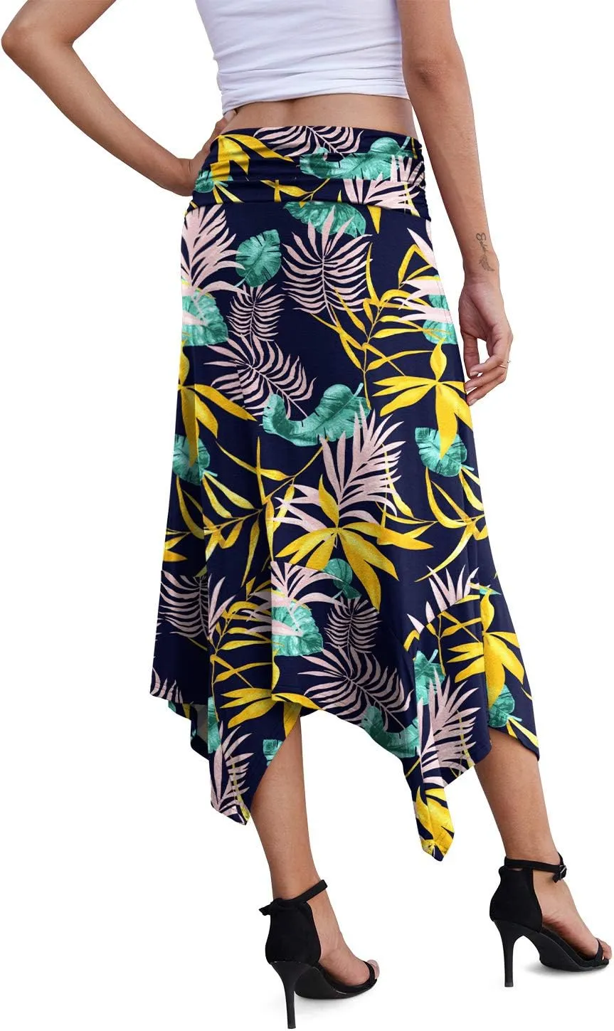 PrinStory Women's Casual Elegant Flowy Handkerchief Hemline Midi Skirt