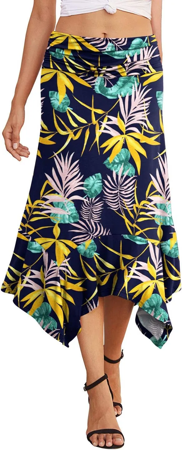 PrinStory Women's Casual Elegant Flowy Handkerchief Hemline Midi Skirt